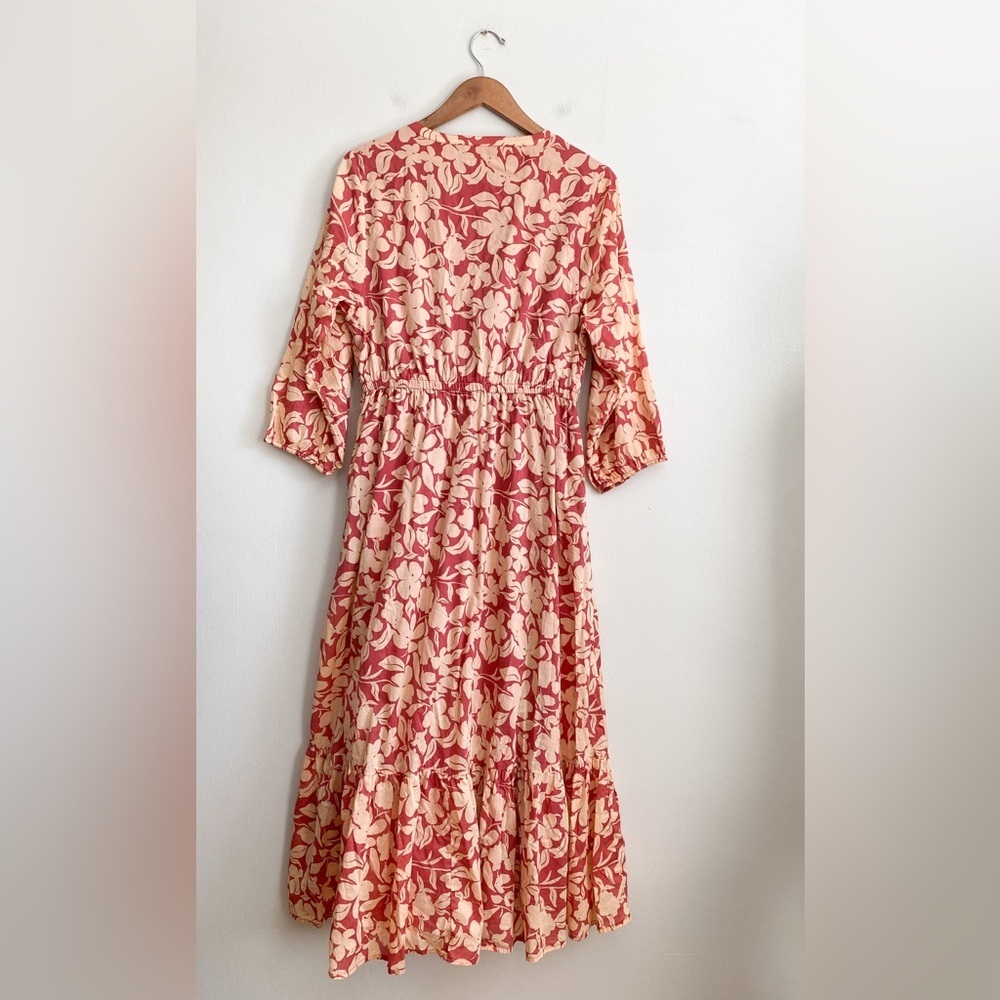 Cotton Floral Tiered Maxi Dress Boho Modest Travel Earthy Beige Feminine Size S - Picture 7 of 9